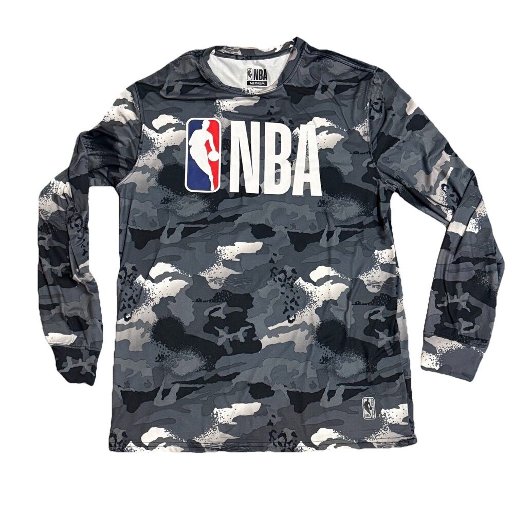 NBA Shirt Mens Medium Gray Camo NBA Basketball Long Sleeve Logo Graphic Top
